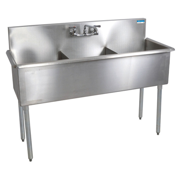 Bk Resources 24.5 in W x 57 in L x Free Standing, Stainless Steel, Three Compartment Budget Sink BK8BS-3-1821-12